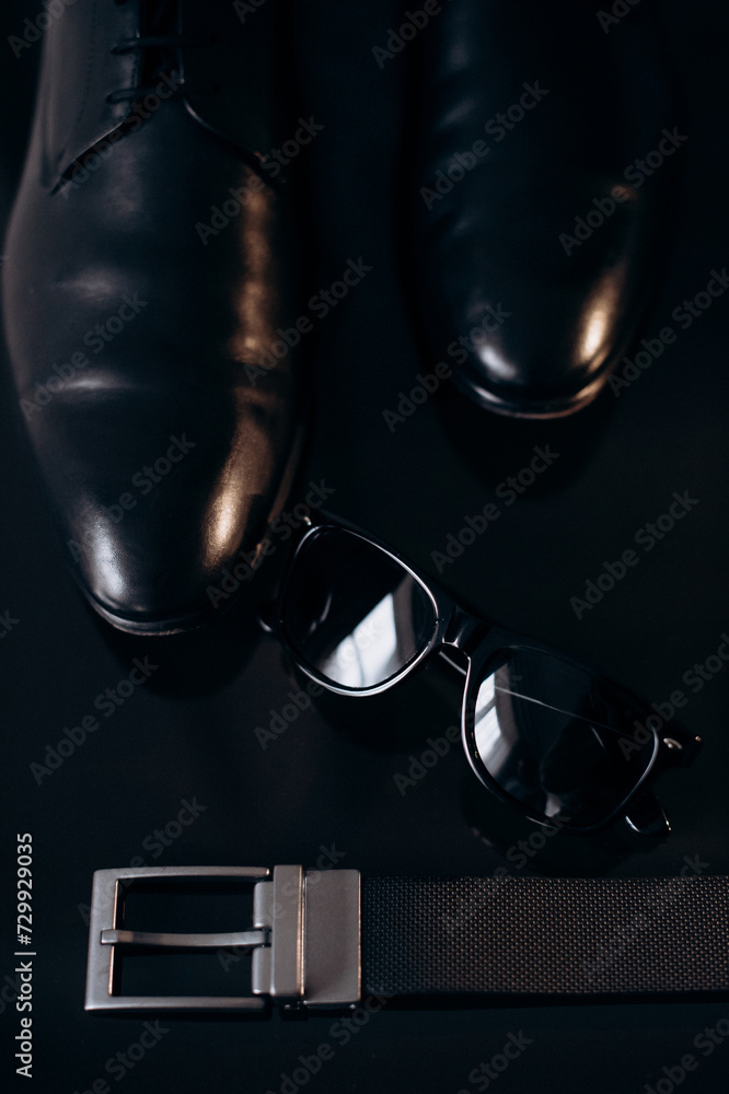 Wall mural men's accessories of the groom black leather shoes, and glasses