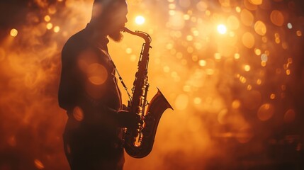 Saxophone Serenade: A sleek saxophone silhouette set against a smoky, dimly lit jazz club - obrazy, fototapety, plakaty