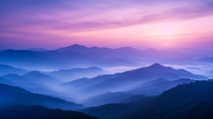 Mountain Mist at Dawn: Shades of purple and blue shrouded in mist evoke the majesty of mountains at sunrise. - obrazy, fototapety, plakaty