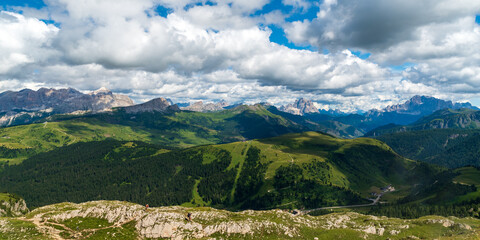 Amazing Dolomites mountains scenery from hiking trail bellow Franz-Kostner-Hutte hut in Sella...