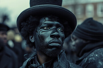 A close-up photograph of a black man with a top hat and black paint on his face
