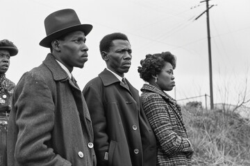 A black and white photo of black people standing outside