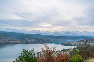 The scenic view of Kayaboğazı dam at winter time with pastel colors in Tavşanlı, Turkey
