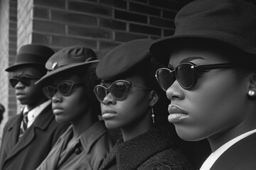 Black and white photo showing a line of four individuals facing to the right, all wearing dark sunglasses and hats