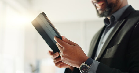 Obraz premium Hands of man in office with tablet, scroll on email or social media for business feedback, schedule or agenda. Networking, digital app and businessman online for market research, website and report.