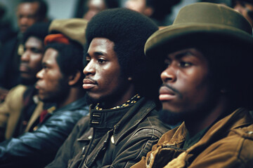 Color photo of a group of men sitting in a row, directing their attention forward