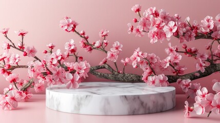 Marble Podium for Product Display with Spring Sakura Branch