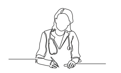 Fototapeta na wymiar Continuous line drawing of a woman doctor writing a patient paper document. single-line female doctor with a stethoscope.vector illustration.