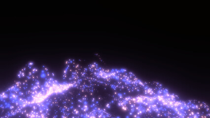 White, light pink, soft lilac, lavender, purple sparkling particles flow on black background 8K 16:9. Wave of glowing stardust in pastel colors. Scattered abstract shiny dots. Lower thirds, copy space