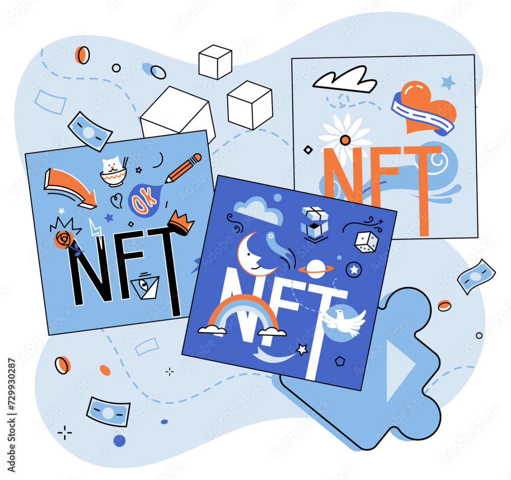 Poster nft vector illustration. nonfungible tokens have created digital marketplace where unique digital as