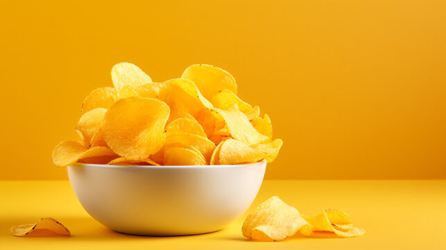 Bowl of crispy potato chips or crisps with cheese