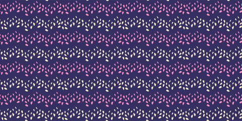 Zigzag with shapes dots, spots, drops seamless pattern. Vector hand drawn sketch. Simple tiny random snowflakes, circles, leaflets on a dark violet background. Template design ornament