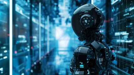Fototapeta na wymiar intelligence humanoid robot surround by holographic data