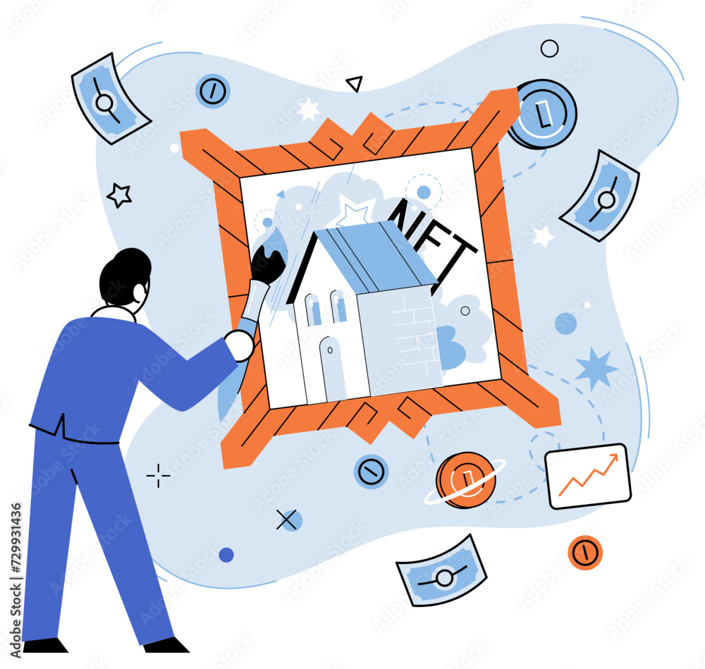 Poster nft vector illustration. the financial sector is exploring use blockchain technology for more effici