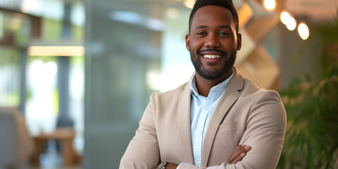 Young African American entrepreneur with a beaming smile, dressed in casual business attire, office backdrop