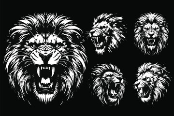 Set Dark Art Lion Beast King Animal Fangs Art Tattoo Grunge Vintage Style illustration