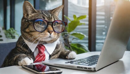 a cat wearing cat eye-glasses is working with a laptop and mobile phone in office, blur background, selected focus.