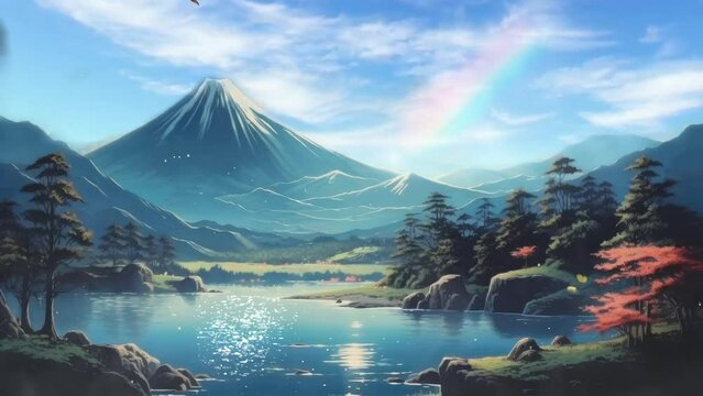 Nature's Palette: A Sunny Day at the Lake, Mountains, and a Calming Light Reflection with a Rainbow Arching the Sky. Animated fantasy background, watercolor illustration style, seamless looping