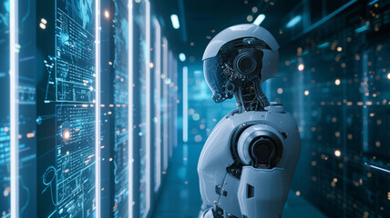 intelligence humanoid robot surround by holographic data