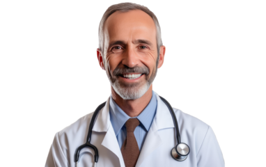 A Smiling Medical Doctor, Radiating Compassion and Expertise with Stethoscope on a White or Clear Surface PNG Transparent Background.