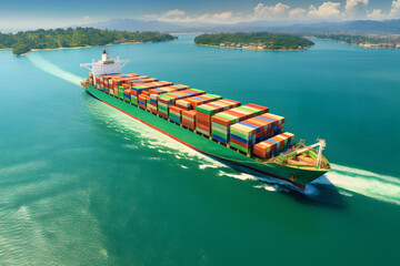 Ship with contrail in the ocean ship carrying container and running for export concept technology freight shipping.