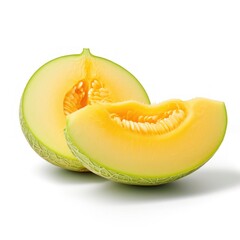 Melon isolated on white background. Fresh yellow melon fruit slice for design, package, grocery product advert