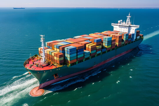 Ship with contrail in the ocean ship carrying container and running for export concept technology freight shipping.