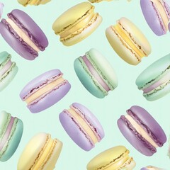 Fototapeta premium Macarons Sweet French Dessert flying, pastel mint background pattern. Creative minimal concept. Delicious macarons falling levitation layout