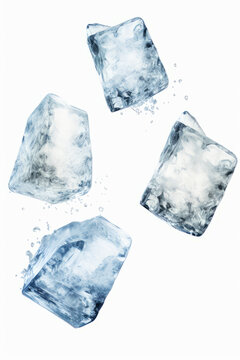 Three ice cubes are shown with water splashing on them.