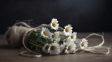 Chamomile bouquet adorned with a rustic ribbon.