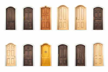 Series of doors with different colors and sizes on them, all of which are open.