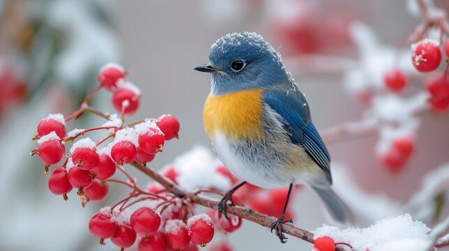 Bird in Blue and Yellow A Colorful Sight in the Snow Generative AI
