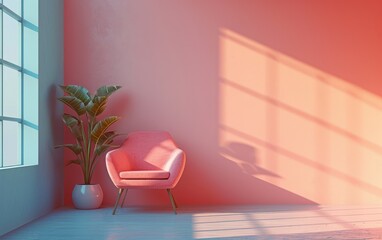 Modern interior with pink armchair and plant by a window casting sunlight and shadows on a pastel wall.