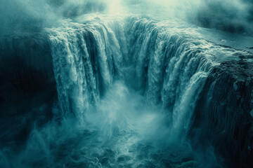 A drone shot over a cascading waterfall, with the water’s force creating a misty veil. Concept of...