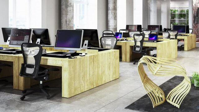 Open and transparent office architecture with meeting area in modern, wood design  - loopable 3D Visualization