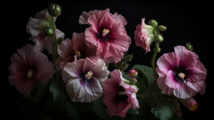 Hollyhock blooms with the play of evening shadows