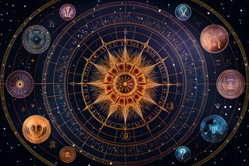 Fototapeta premium Astrological zodiac signs inside of horoscope, illustration background.