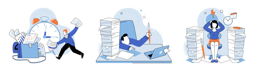 Paperwork. Vector illustration. Documents need to be filed in appropriate folders for easy retrieval The paperwork involved in corporate tasks cbe overwhelming Managing multiple tasks simultaneously