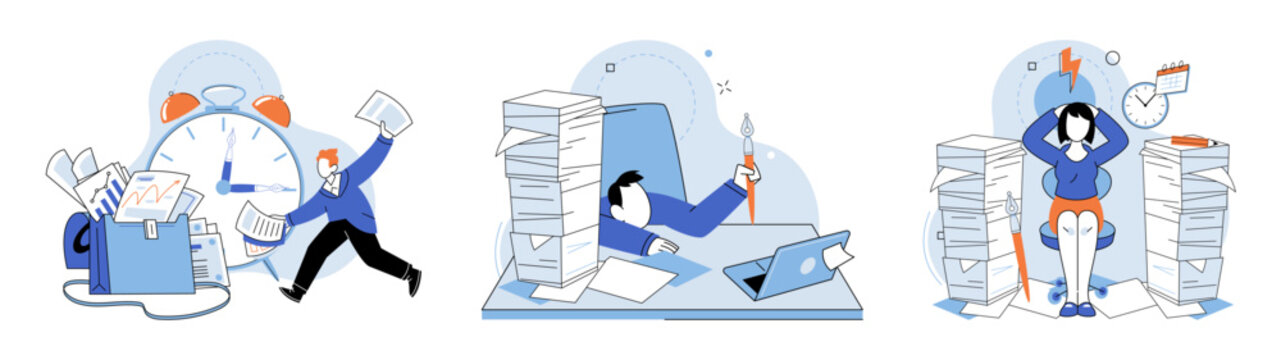 Paperwork. Vector illustration. Documents need to be filed in appropriate folders for easy retrieval The paperwork involved in corporate tasks cbe overwhelming Managing multiple tasks simultaneously