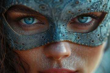 Fototapeta premium A photograph of a couple in masks sharing a moment, their eyes expressing love and connection. Concept of maintaining relationships and emotions despite barriers. Generative Ai.