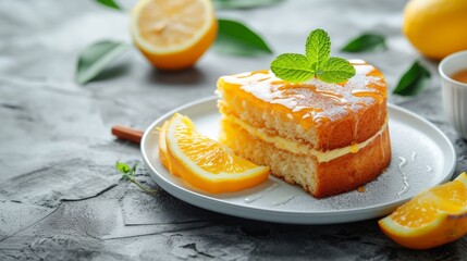 Homemade Tasty lemon cream cake zest A piece of biscuit dessert with powdered sugar glaze dripping over lemon and coconut flakes. Layered vanilla cake on a white plate.