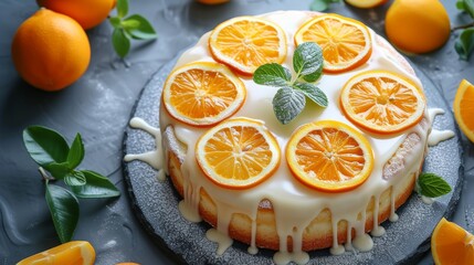 Homemade Tasty lemon cream cake zest A piece of biscuit dessert with powdered sugar glaze dripping over lemon and coconut flakes. Layered vanilla cake on a white plate.