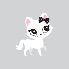 Illustration of cute cat, kitten. Baby, child, cute portrait. Little face, little animal, pet. White character, black graphic. Stickers, wall art, kids room decoration, cutie full face, small kitty