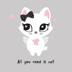 Illustration of cute cat, kitten. Baby, child, cute portrait. Little face, little animal, pet. White character, black graphic. Stickers, wall art, kids room decoration, cutie full face, small kitty