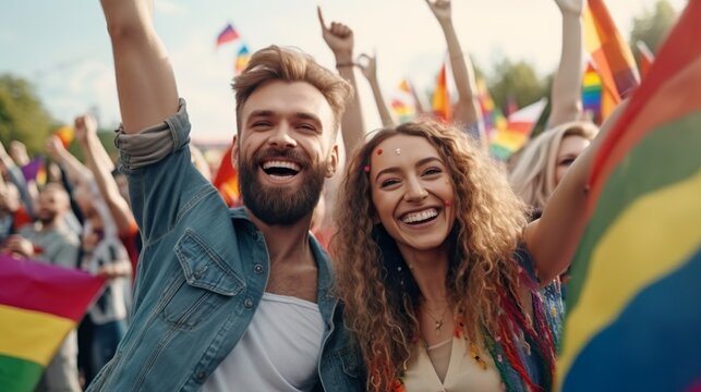 Group of lgbt protestors holding flag for lgbt festival 