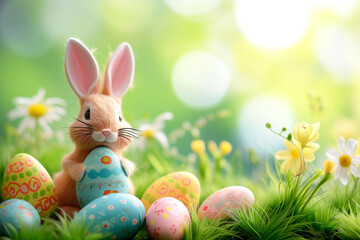 Cute rabbit and colorful easter eggs decorated with flowers in the garden. Happy easter day.