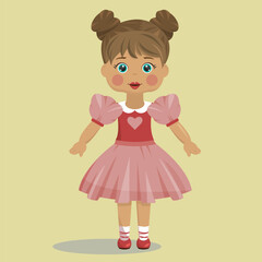 Vector beautiful toy doll, Cute doll in a pink dress. Beautiful girl. Little princess in a fluffy dress with a heart.