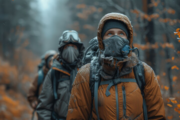 A photo of a masked family on a hike, finding solace in nature while adhering to safety norms. Concept of outdoor activities and family bonding. Generative Ai.