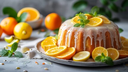 Homemade Tasty lemon cream cake zest A piece of biscuit dessert with powdered sugar glaze dripping over lemon and coconut flakes. Layered vanilla cake on a white plate.