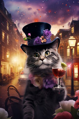 a gray cat in a black top hat holds a glass in his hands against the backdrop of the evening city